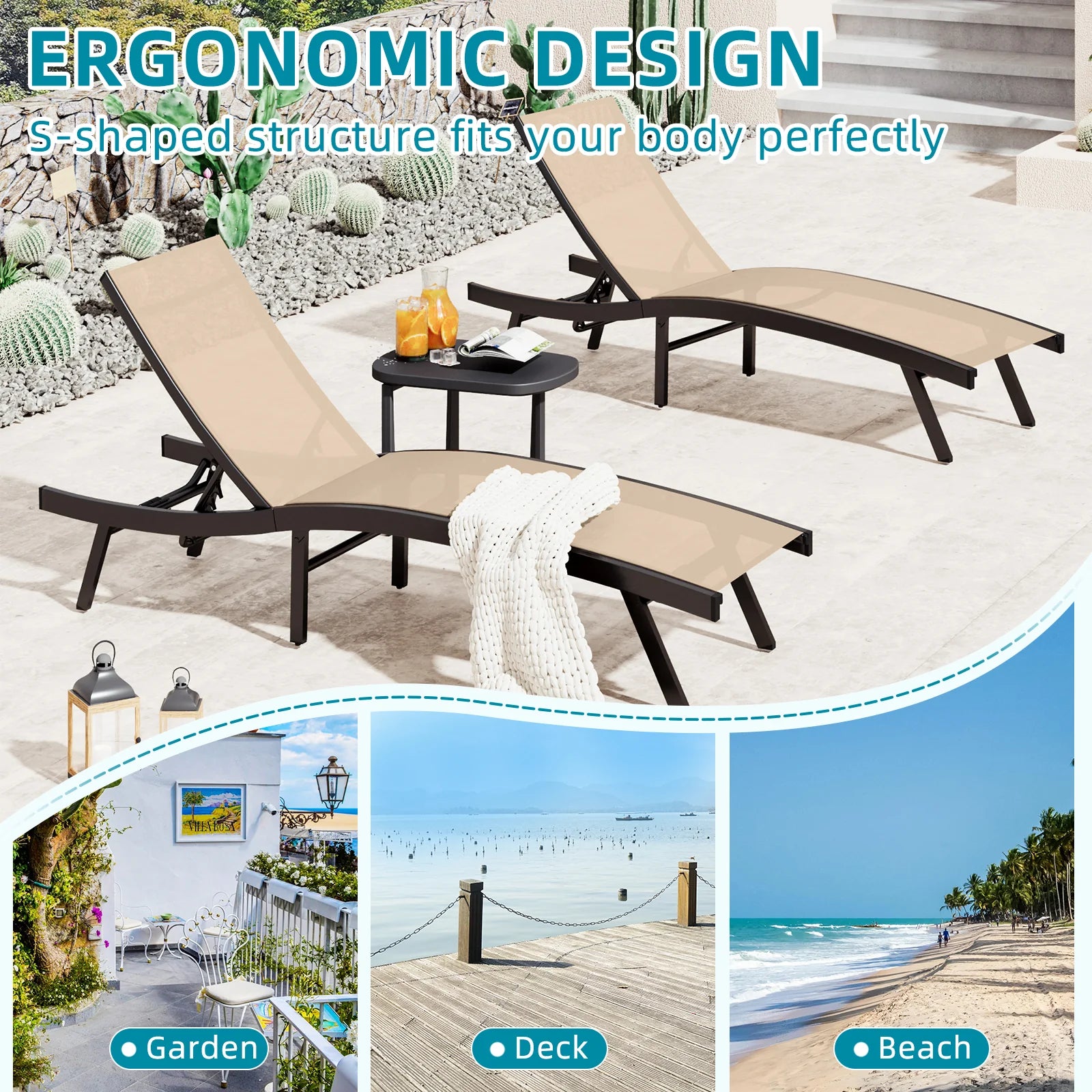AECOJOY Outdoor Chaise Lounge, All Weather Pool Lounge Chairs Ergonomic Design (Beige, 1 PCs) - Product image 4