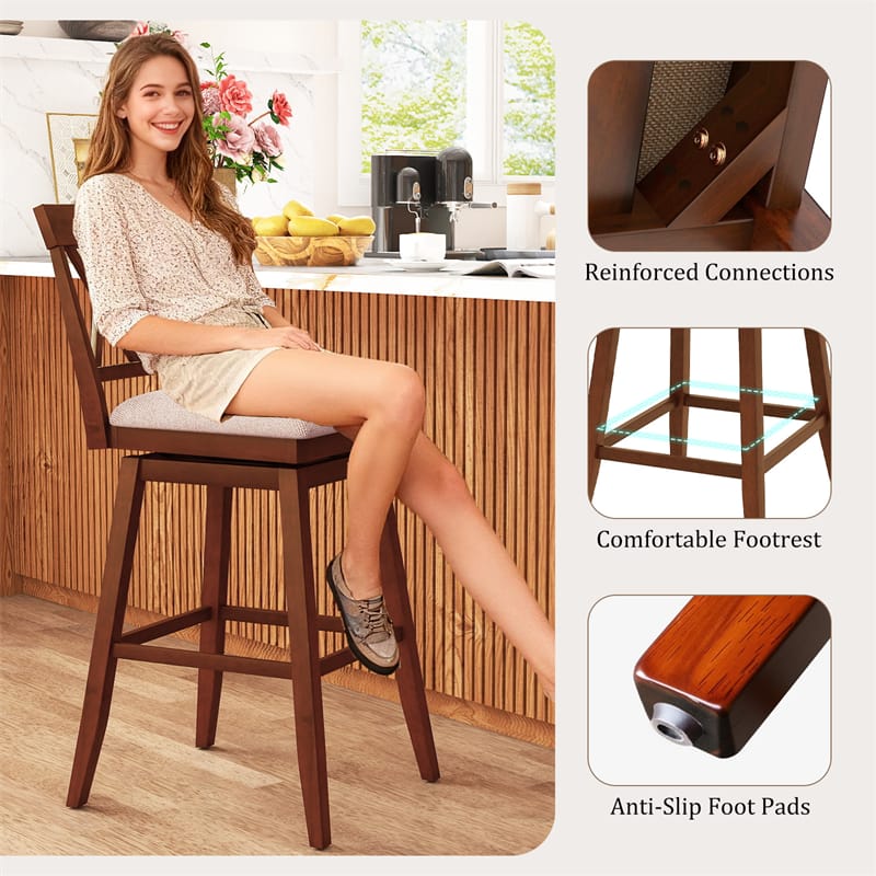 Swivel Bar Stools Set of 2, 29" Bar Height Chairs with Back, Padded Seat & Rubber Wood Frame - Product image 7