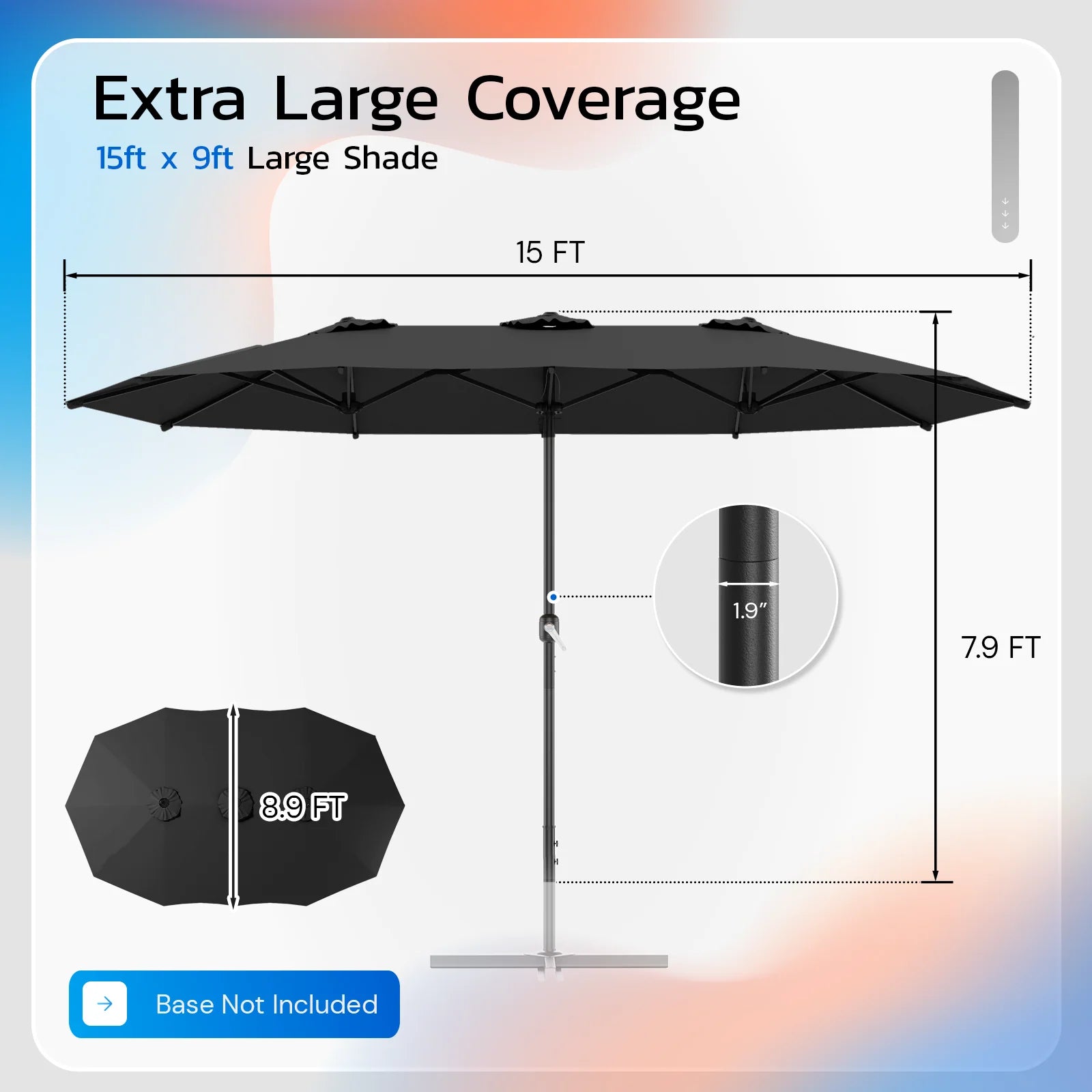 AECOJOY 15x9ft Double-Sided Patio Umbrella, Black - Product image 3