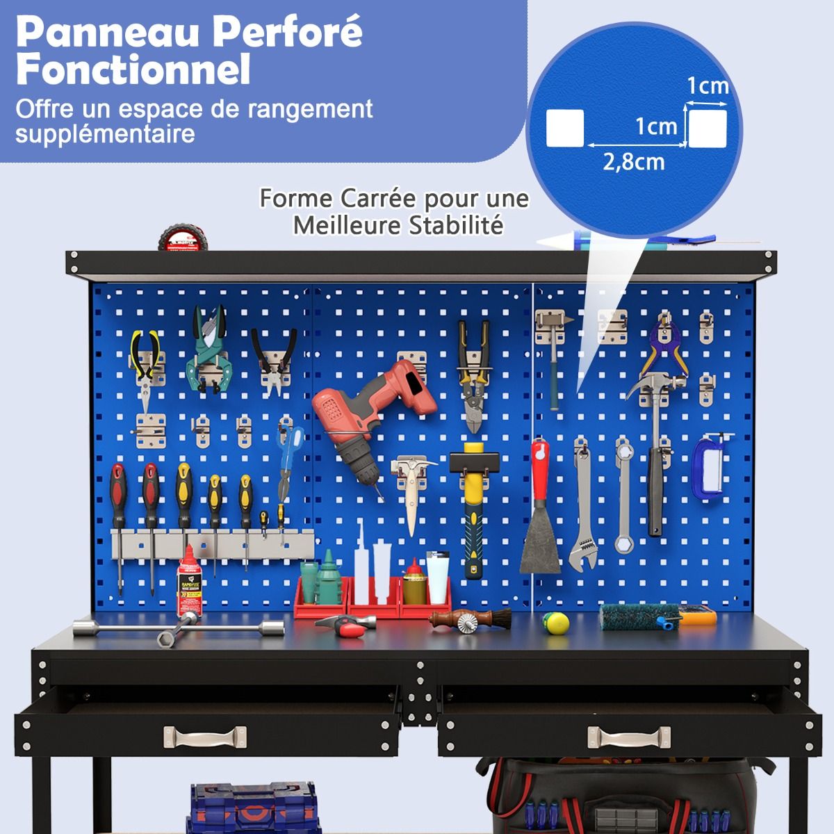 DIY Workbench 121 x 61 cm Metal Work Table 230 kg with 3 Pegboards 24 Hanging Accessories Black/Navy Blue -