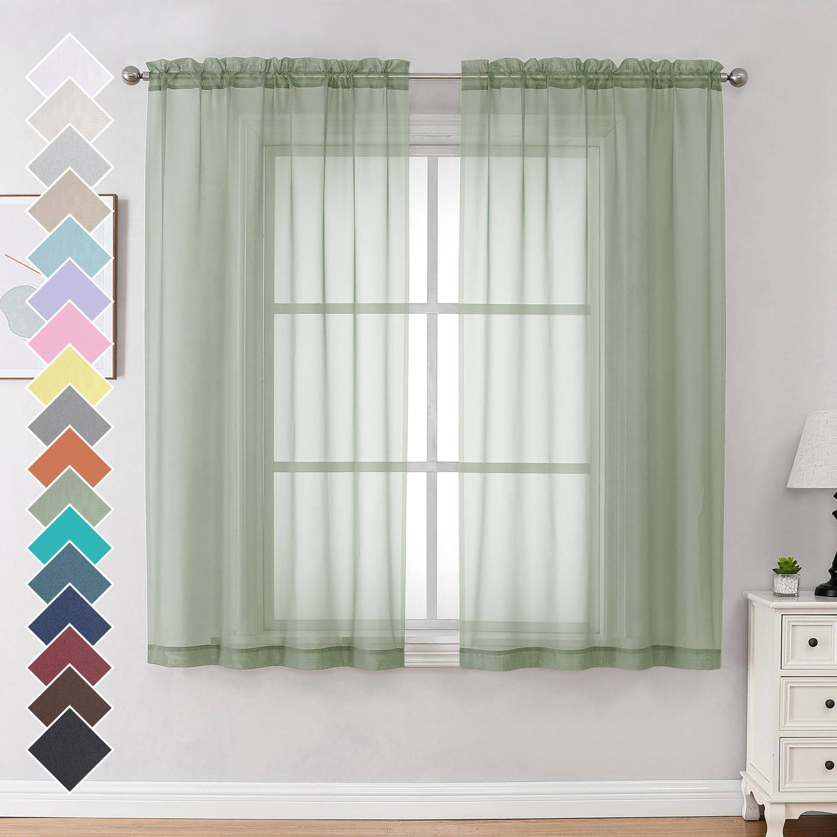 OVZME Light Green Sheer Curtains 63 inch Length 2 Panels Set for Farmhouse/Kitchen Room - Product image 1