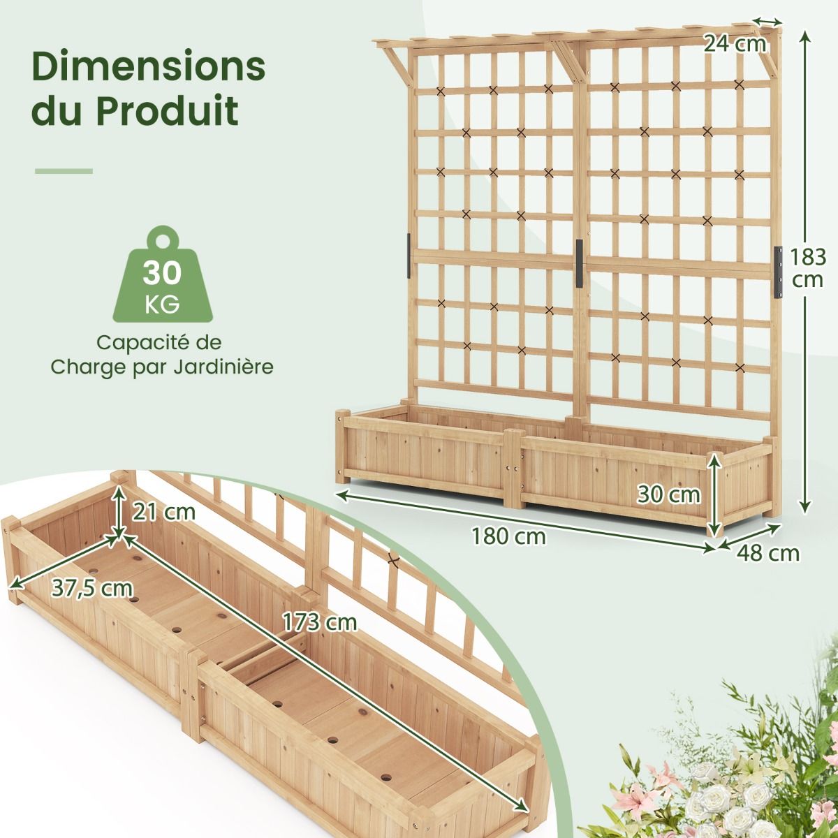 Planter with 2 Trellises 2 Containers Wooden Suspended Roof Raised Garden Bed with 4 Drainage Holes 180 x 48 x 183 cm Orange -