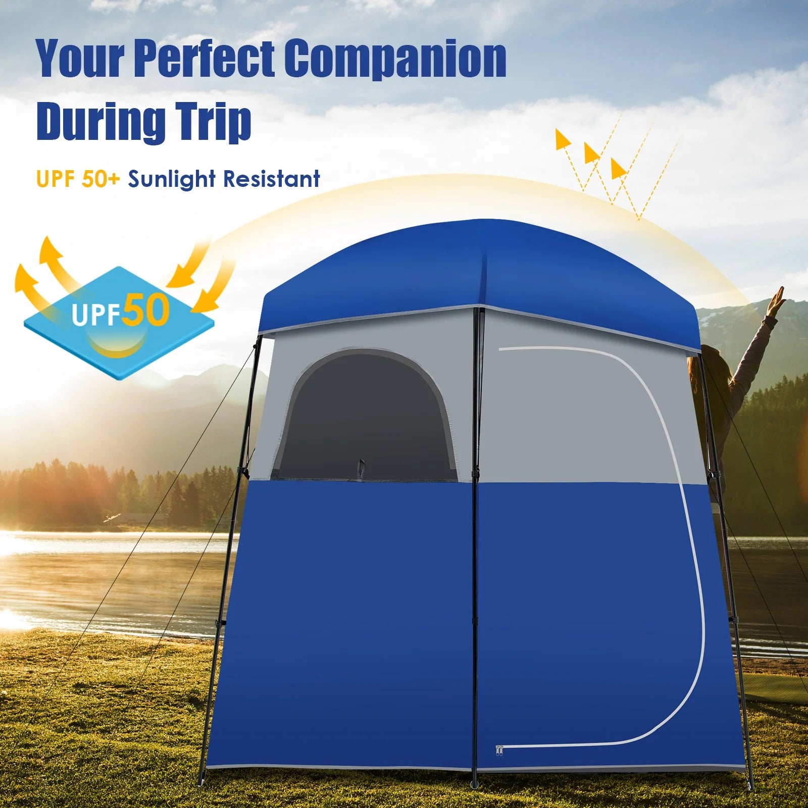 Favory Double - Room Shower Tent, Oversize Space Privacy Shelter for Camping with Floor, Portable Camping Changing Tent with Removable Rain Fly, Storage Bag for Dressing, Toilet, Brown