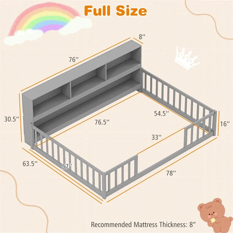 Full Size Montessori Floor Bed with Bookcase, Storage Shelves & Safety Fence Rails - Product image 4