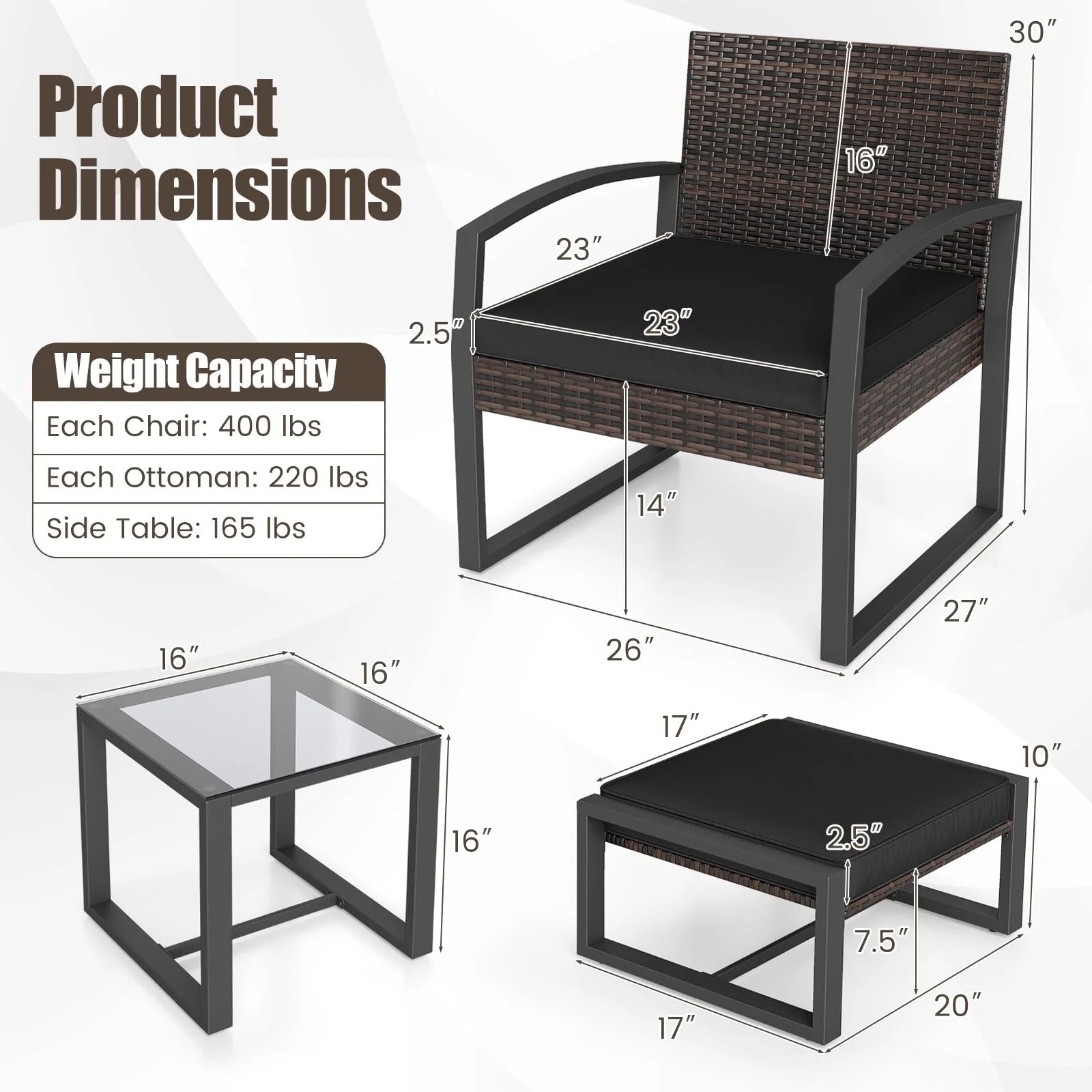 Tangkula 5 Pieces Wicker Patio Conversation Set 2-Person Small Balcony Furniture Seating Set - Product image 5