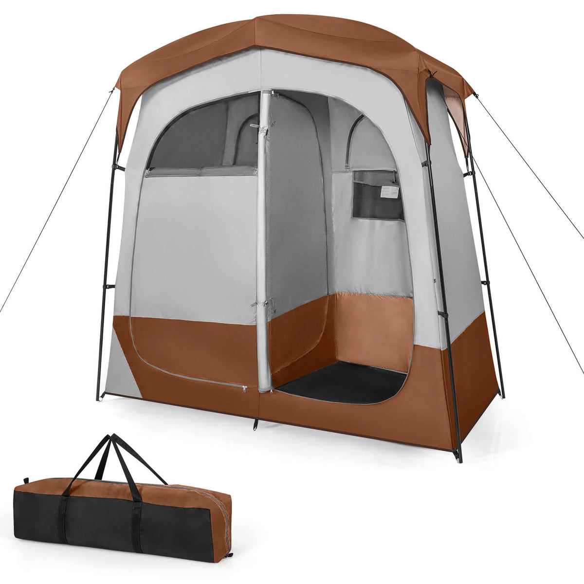 Favory Double - Room Shower Tent, Oversize Space Privacy Shelter for Camping with Floor, Portable Camping Changing Tent with Removable Rain Fly, Storage Bag for Dressing, Toilet, Brown
