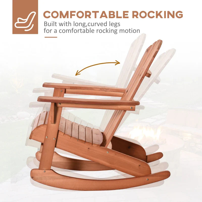 Adirondack Muskoka wooden rocking chair with wooden slat design, fan-shaped back and classic rustic style, teak -