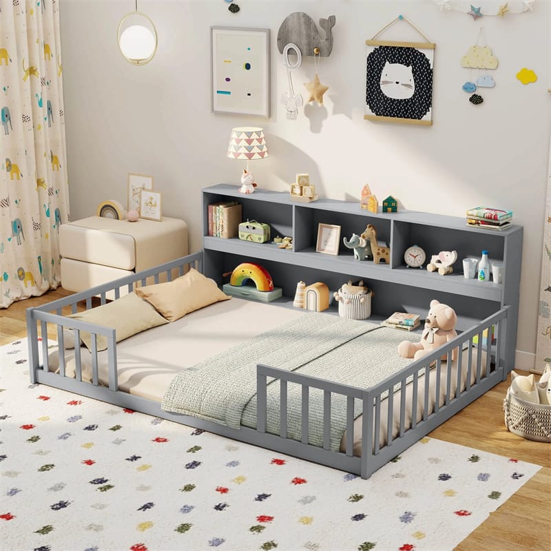 Full Size Montessori Floor Bed with Bookcase, Storage Shelves & Safety Fence Rails - Product image 11