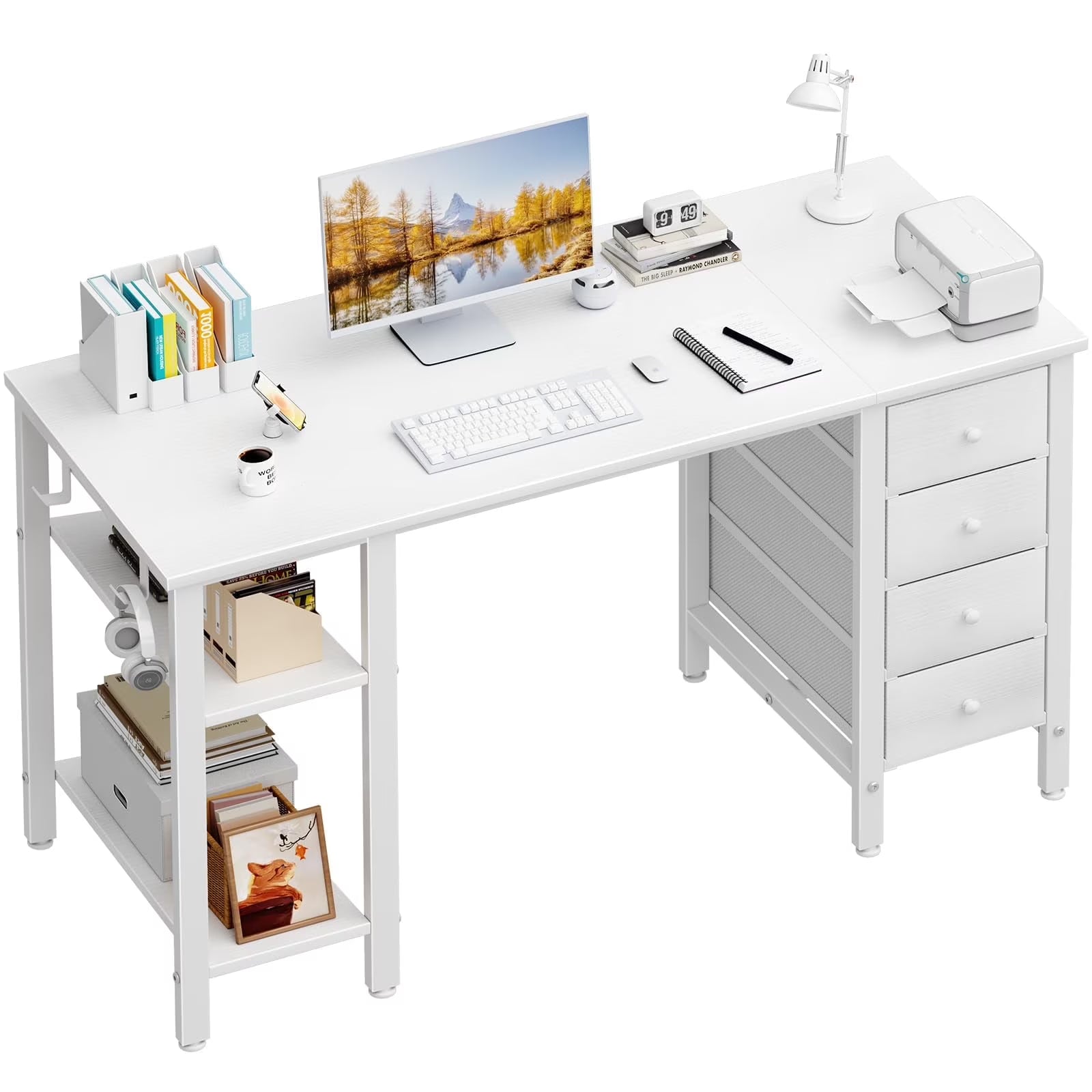 Lufeiya White Desk with Drawers & Storage Shelves, 47 in Study Work Writing Desk for Home Office Bedroom - Product image 1