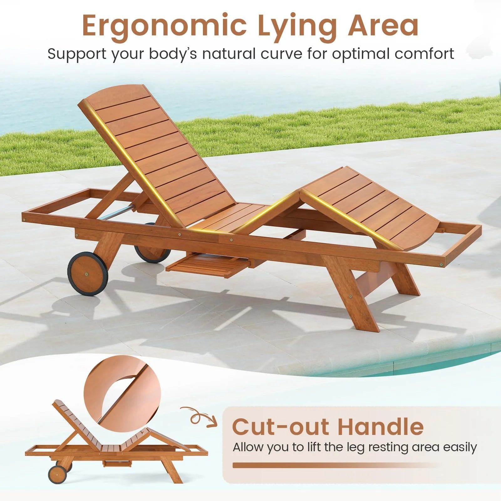 Tangkula Outdoor Chaise Lounge Chair with Wheels 4-Position Patio Wood Recliner with Adjustable Backrest - Product image 6