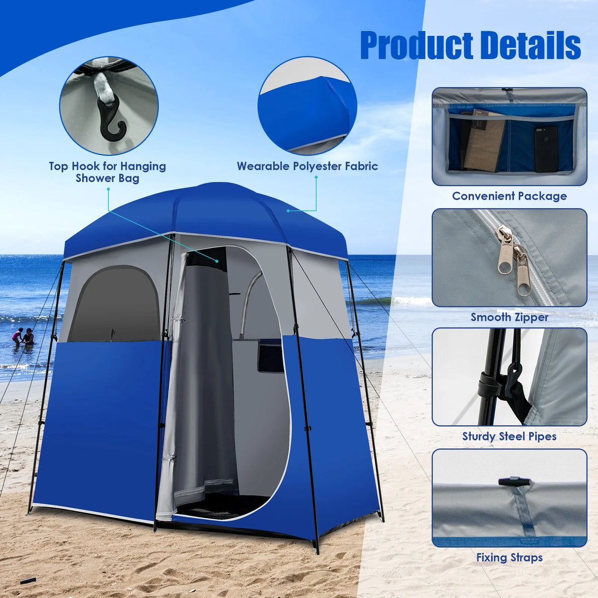 Favory Double - Room Shower Tent, Oversize Space Privacy Shelter for Camping with Floor, Portable Camping Changing Tent with Removable Rain Fly, Storage Bag for Dressing, Toilet, Brown