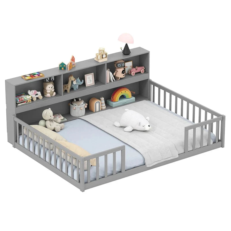 Full Size Montessori Floor Bed with Bookcase, Storage Shelves & Safety Fence Rails - Product image 3
