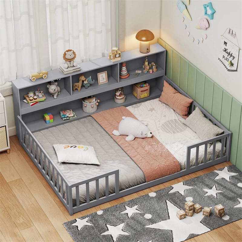 Full Size Montessori Floor Bed with Bookcase, Storage Shelves & Safety Fence Rails - Product image 1
