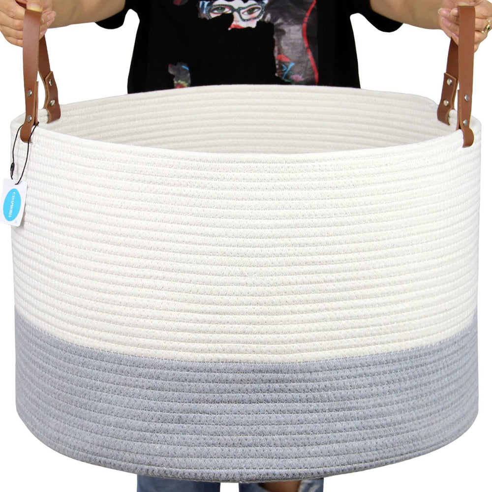 Casaphoria XXXLarge Cotton Rope Basket for Living Room - Woven Storage Basket with Long Handle for Blankets