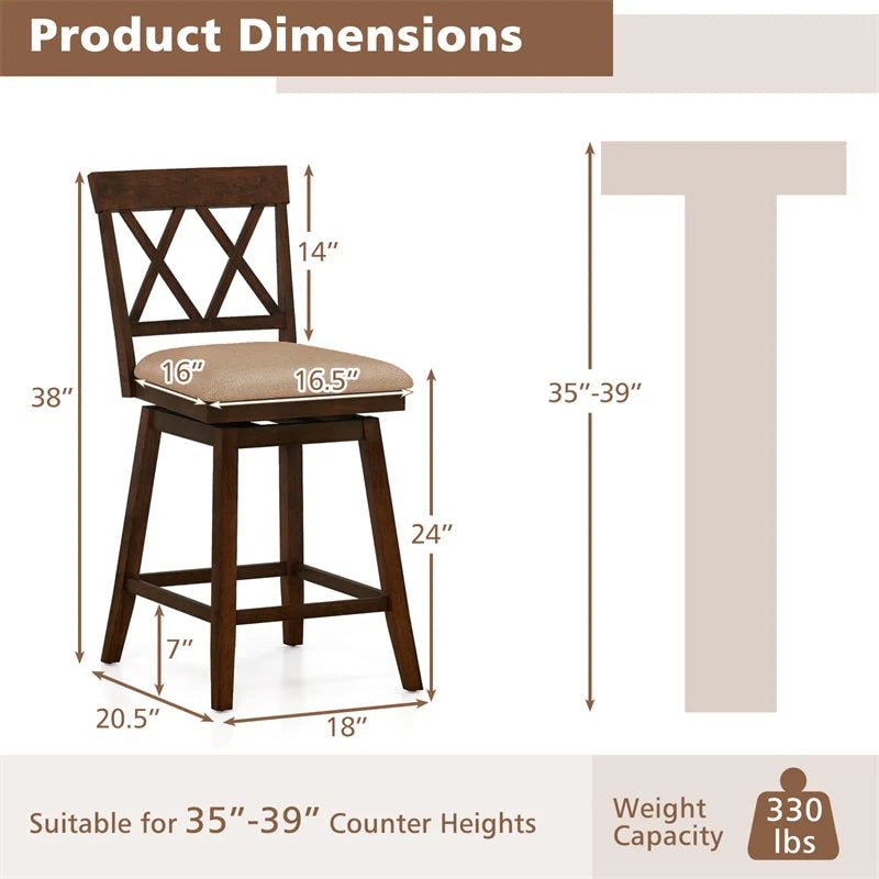 Swivel Bar Stools Set of 2, 24" Counter Height Chairs with Back, Padded Seat & Rubber Wood Frame - Product image 8