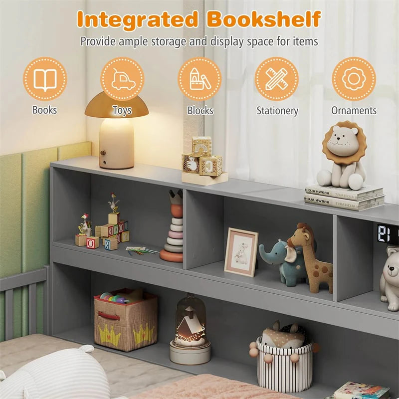 Full Size Montessori Floor Bed with Bookcase, Storage Shelves & Safety Fence Rails - Product image 7