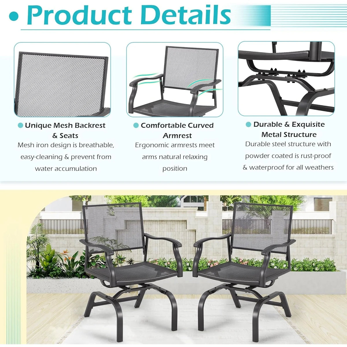 AECOJOY 3 Pieces Patio Dining Set, , Outdoor Furniture with 2 Rocking Patio Chairs and 1 Square Patio Metal - Product image 6