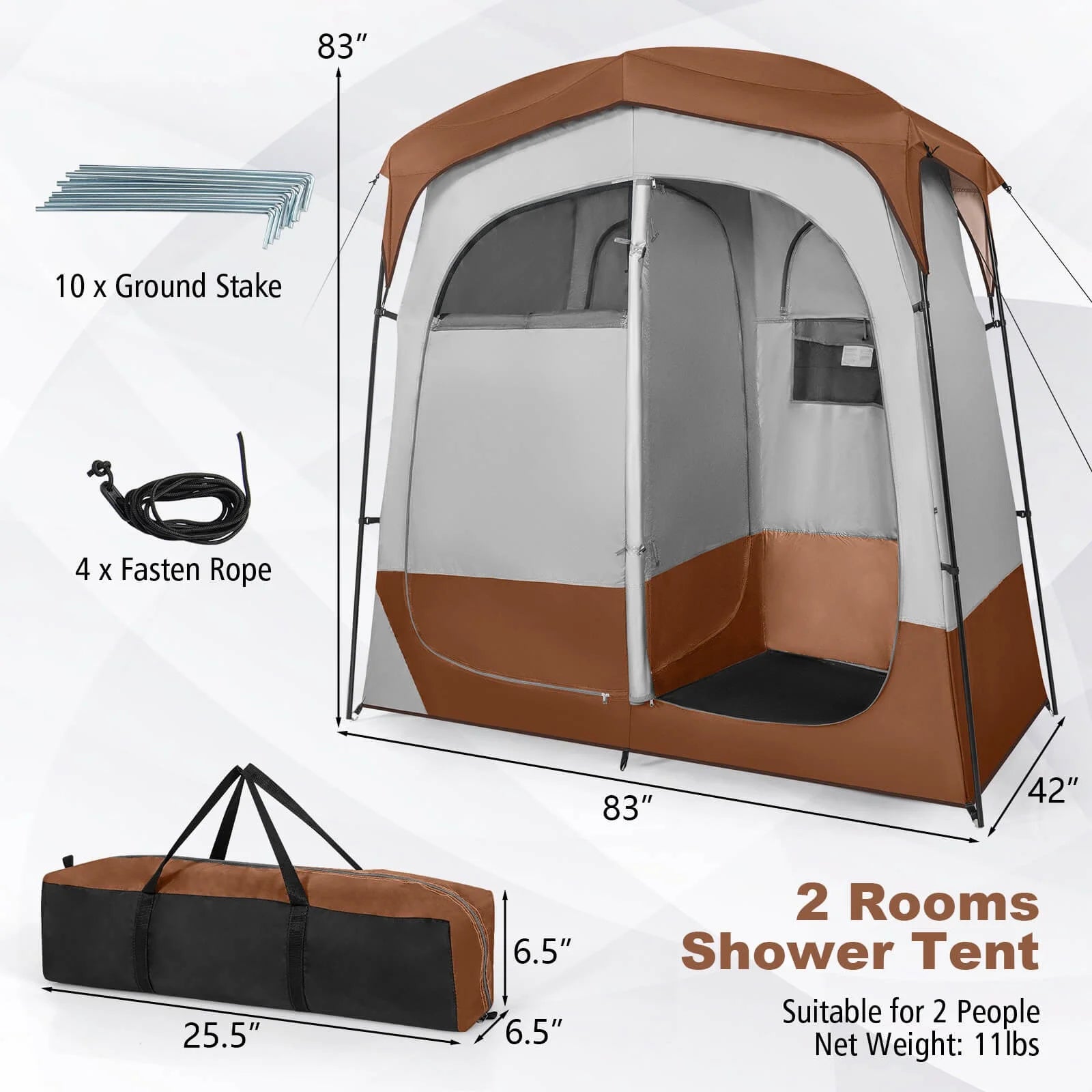Favory Double - Room Shower Tent, Oversize Space Privacy Shelter for Camping with Floor, Portable Camping Changing Tent with Removable Rain Fly, Storage Bag for Dressing, Toilet, Brown