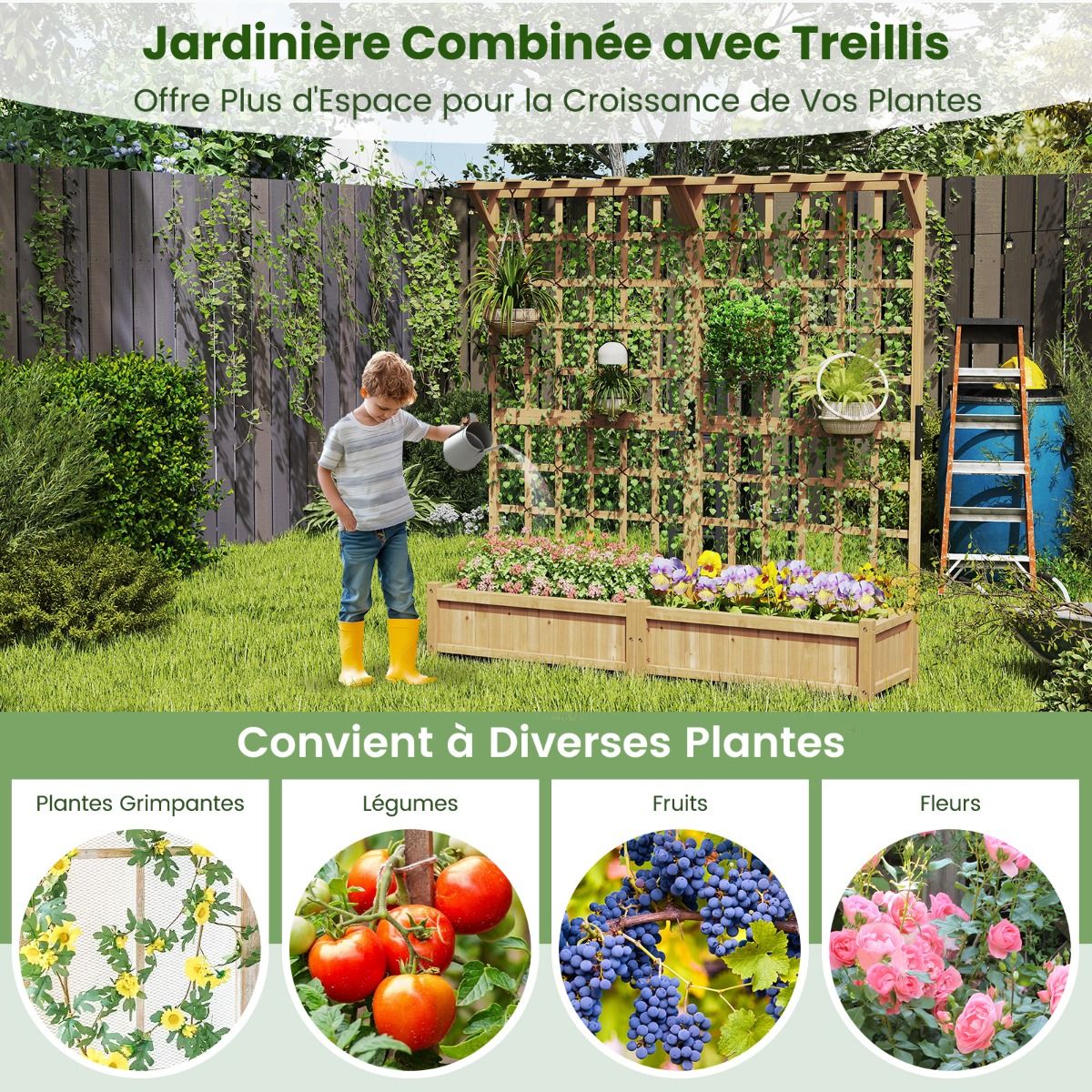 Planter with 2 Trellises 2 Containers Wooden Suspended Roof Raised Garden Bed with 4 Drainage Holes 180 x 48 x 183 cm Orange -