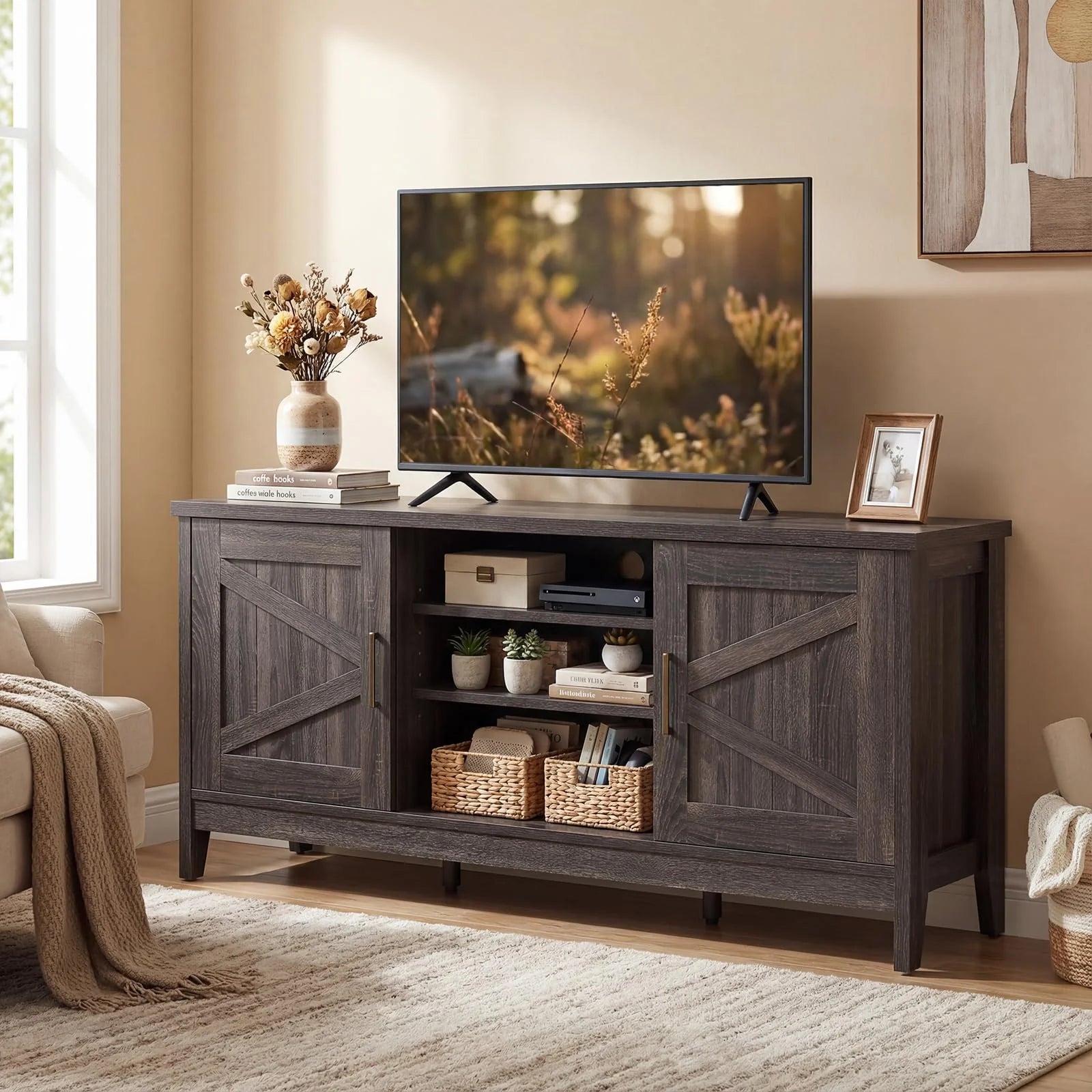 Tangkula Farmhouse TV Stand for TVs up to 65 Inch Entertainment Center with 2 Storage Cabinets - Product image 1