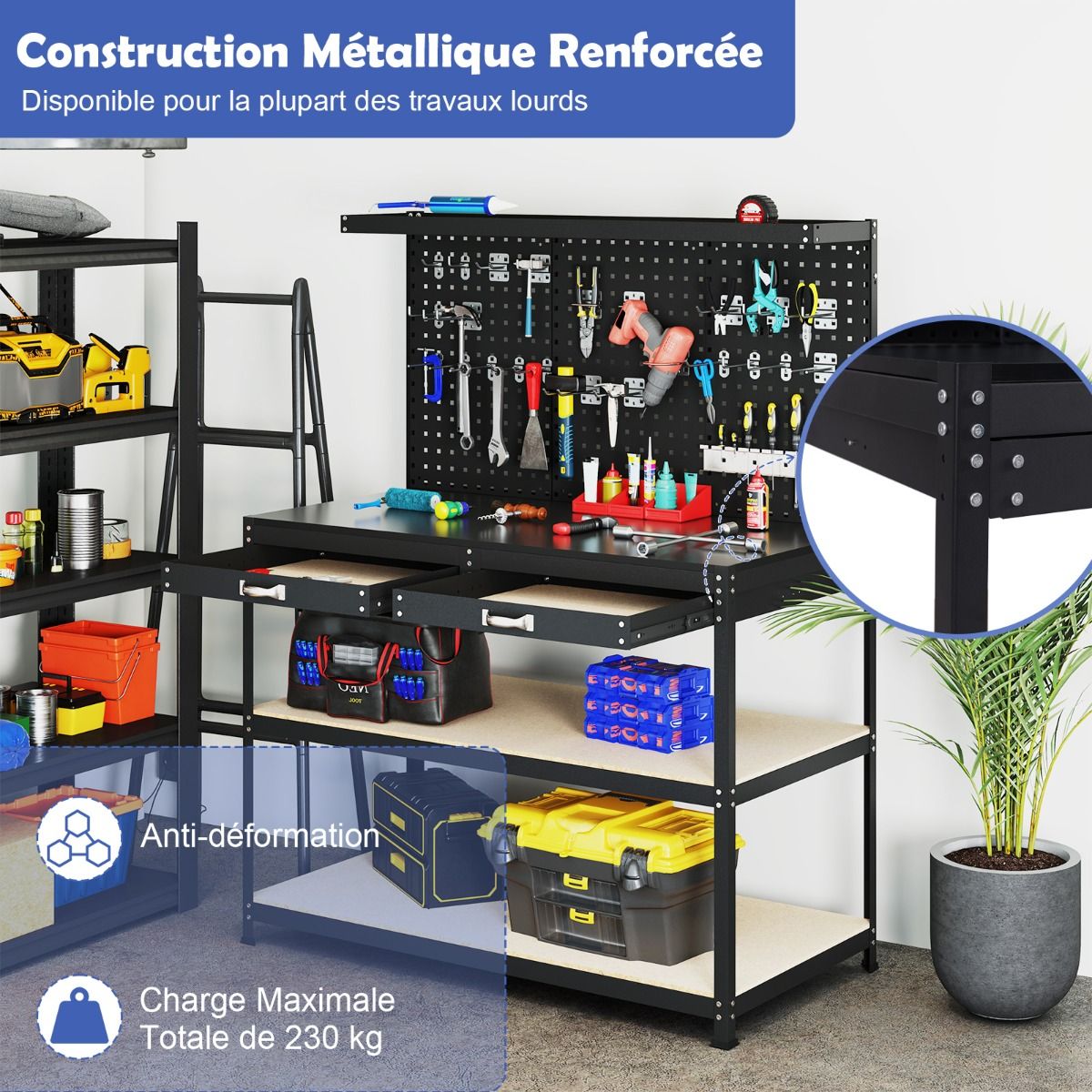 DIY Workbench 121 x 61 cm Metal Work Table 230 kg with 3 Pegboards 24 Hanging Accessories Black/Navy Blue -