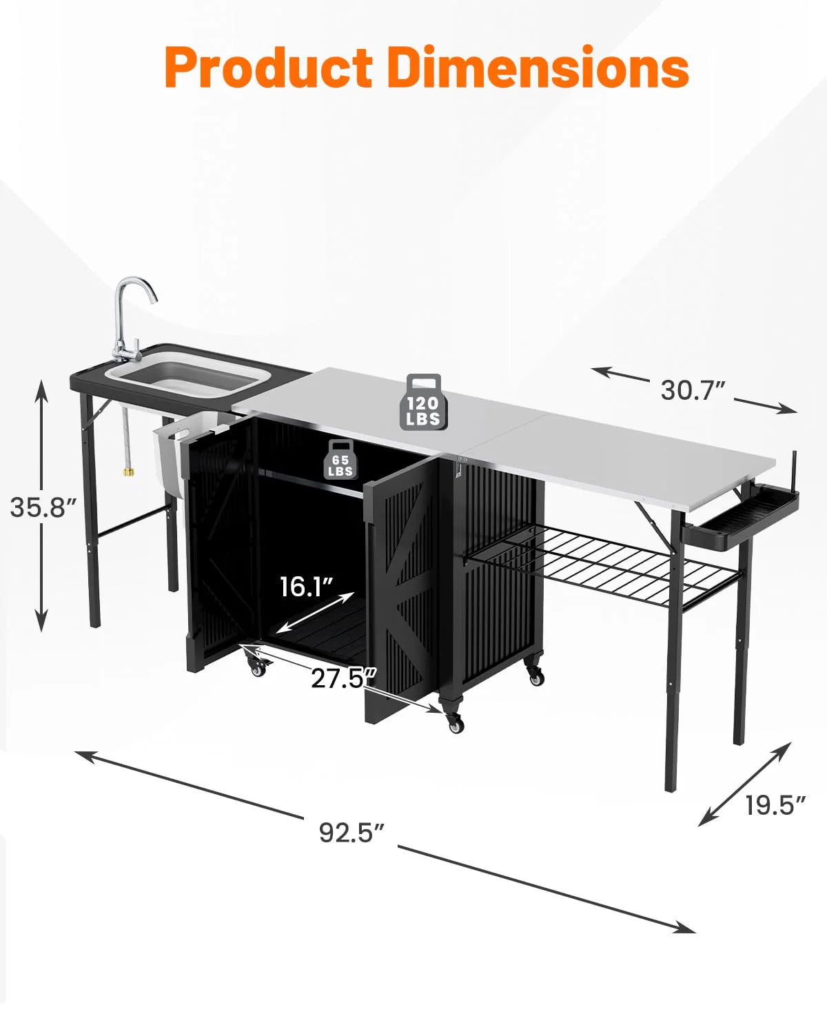 AECOJOY Outdoor Grill Cart Table with Sink, Portable Folding Kitchen Island with Storage Cabinet - Product image 2
