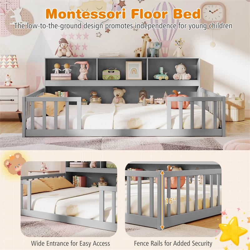 Full Size Montessori Floor Bed with Bookcase, Storage Shelves & Safety Fence Rails - Product image 9