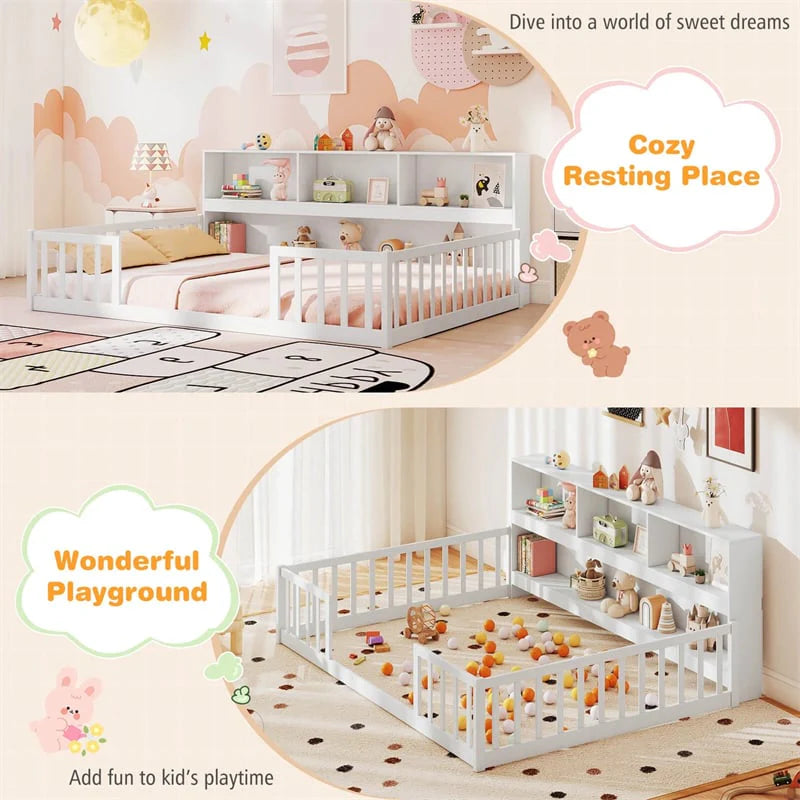 Full Size Montessori Floor Bed with Bookcase, Storage Shelves & Safety Fence Rails - Product image 20