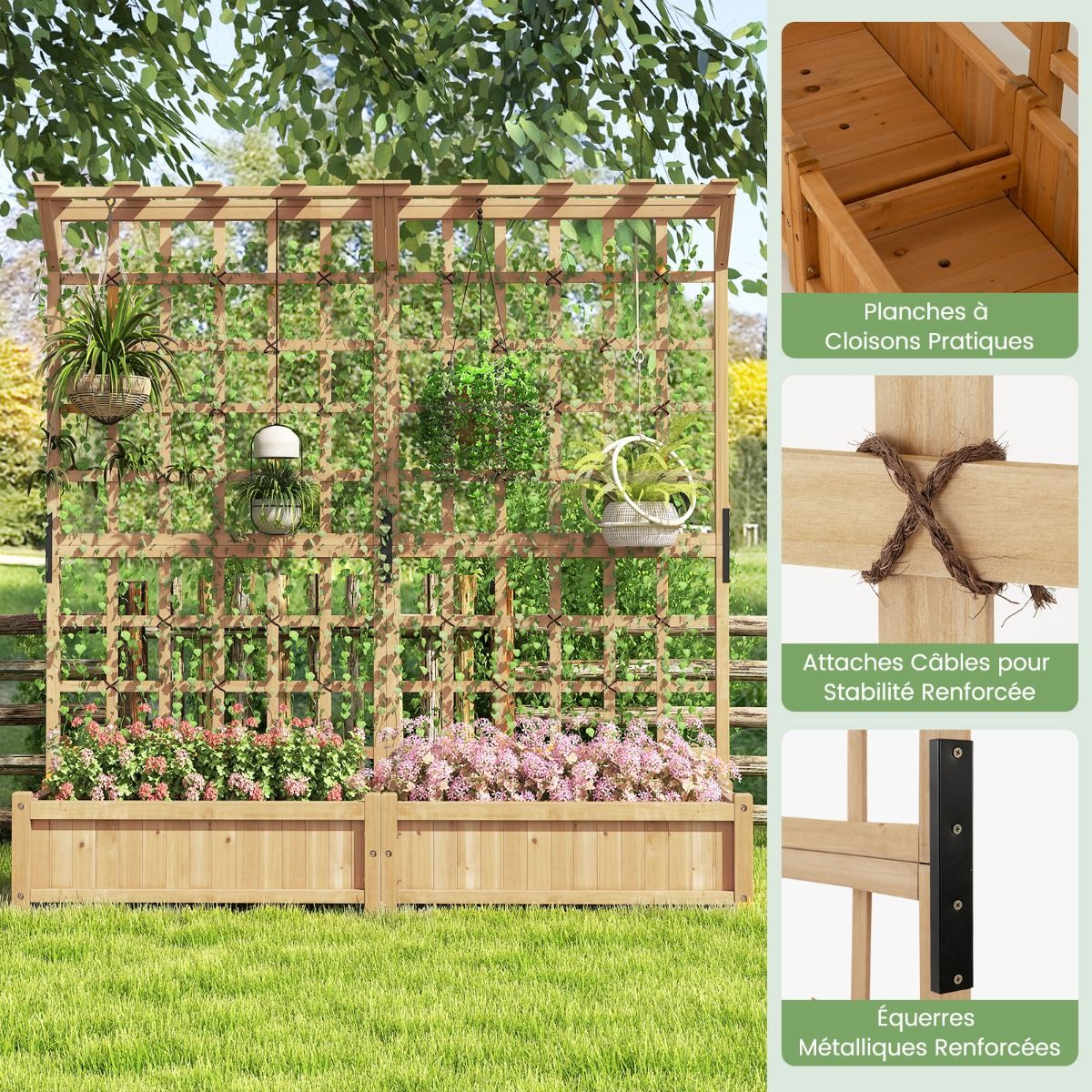 Planter with 2 Trellises 2 Containers Wooden Suspended Roof Raised Garden Bed with 4 Drainage Holes 180 x 48 x 183 cm Orange -