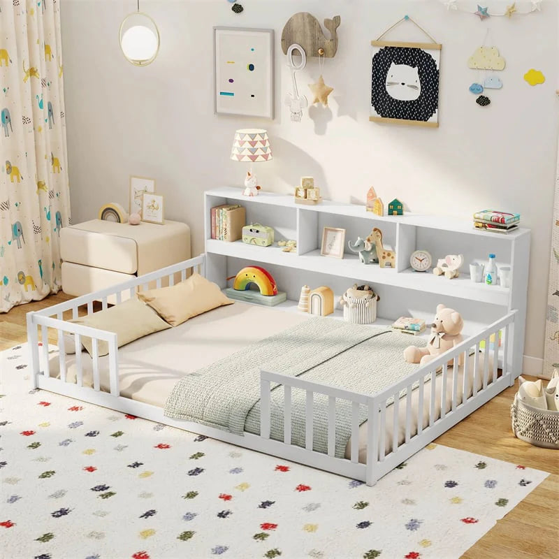 Full Size Montessori Floor Bed with Bookcase, Storage Shelves & Safety Fence Rails - Product image 22