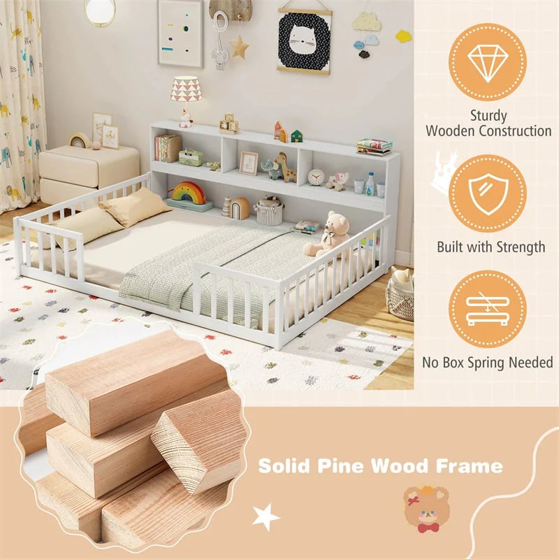 Full Size Montessori Floor Bed with Bookcase, Storage Shelves & Safety Fence Rails - Product image 18
