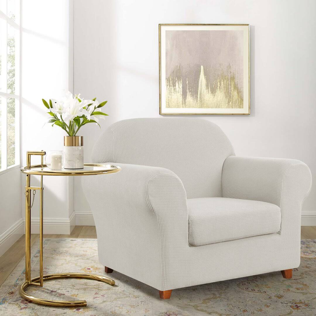 Howkwa Textured Grid Stretch Box Cushion Armchair Slipcover Winston Porter Fabric: White - Product image 1