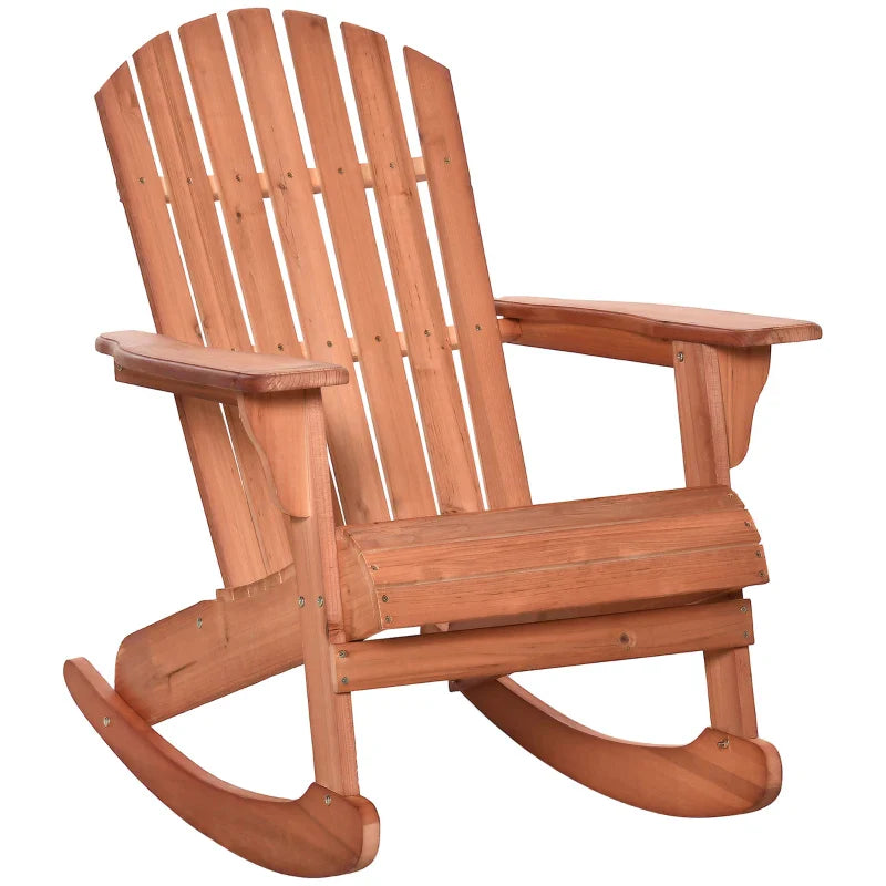 Adirondack Muskoka wooden rocking chair with wooden slat design, fan-shaped back and classic rustic style, teak -