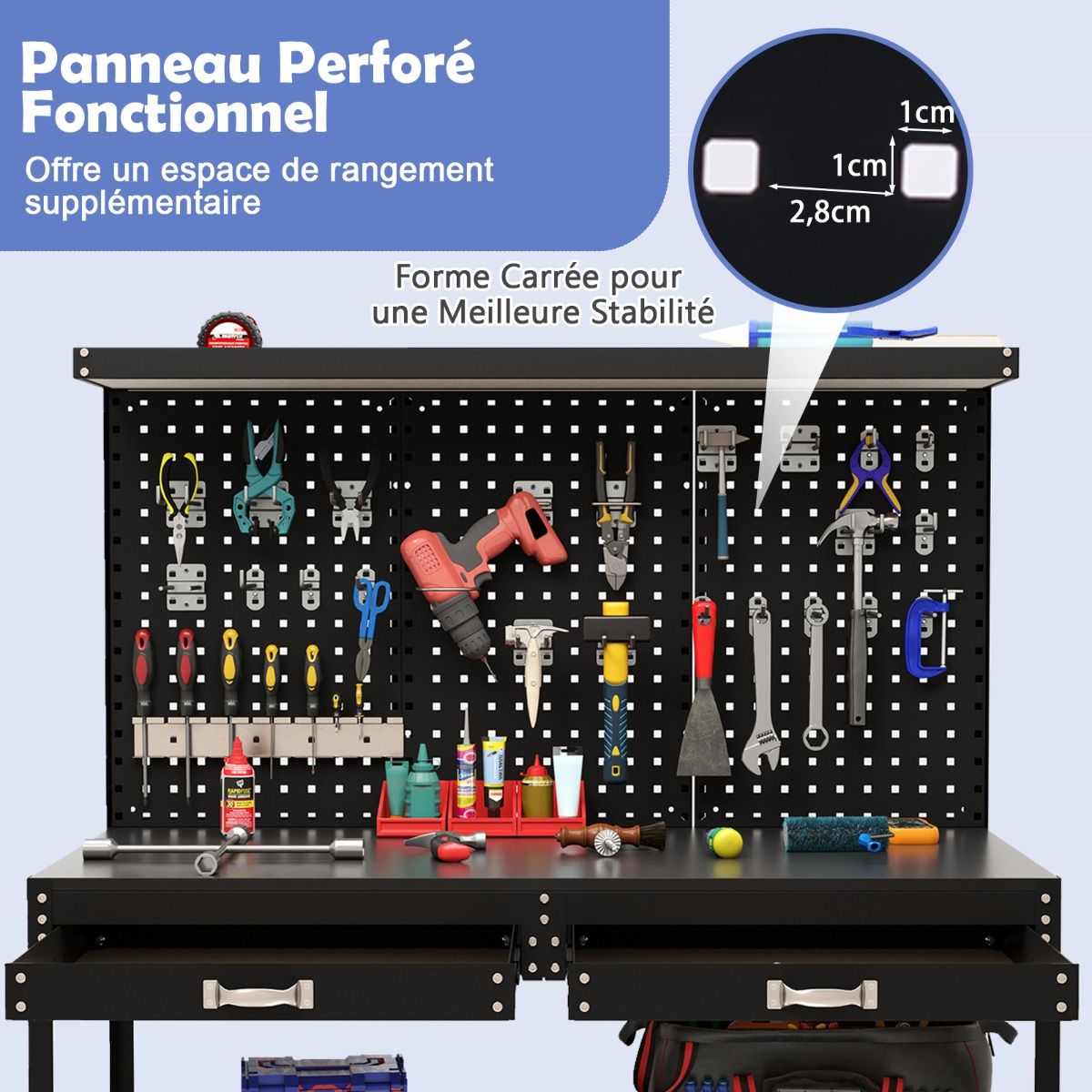 DIY Workbench 121 x 61 cm Metal Work Table 230 kg with 3 Pegboards 24 Hanging Accessories Black/Navy Blue -