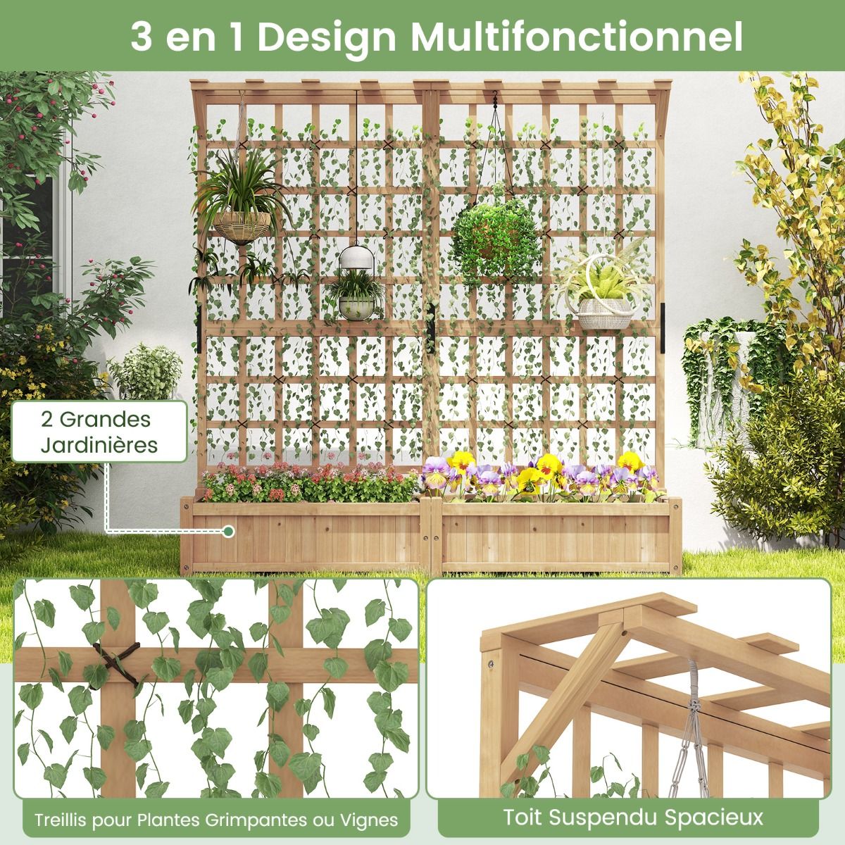 Planter with 2 Trellises 2 Containers Wooden Suspended Roof Raised Garden Bed with 4 Drainage Holes 180 x 48 x 183 cm Orange -