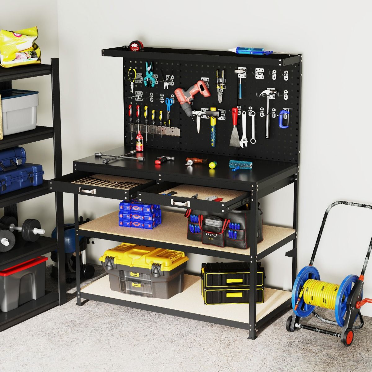 DIY Workbench 121 x 61 cm Metal Work Table 230 kg with 3 Pegboards 24 Hanging Accessories Black/Navy Blue -