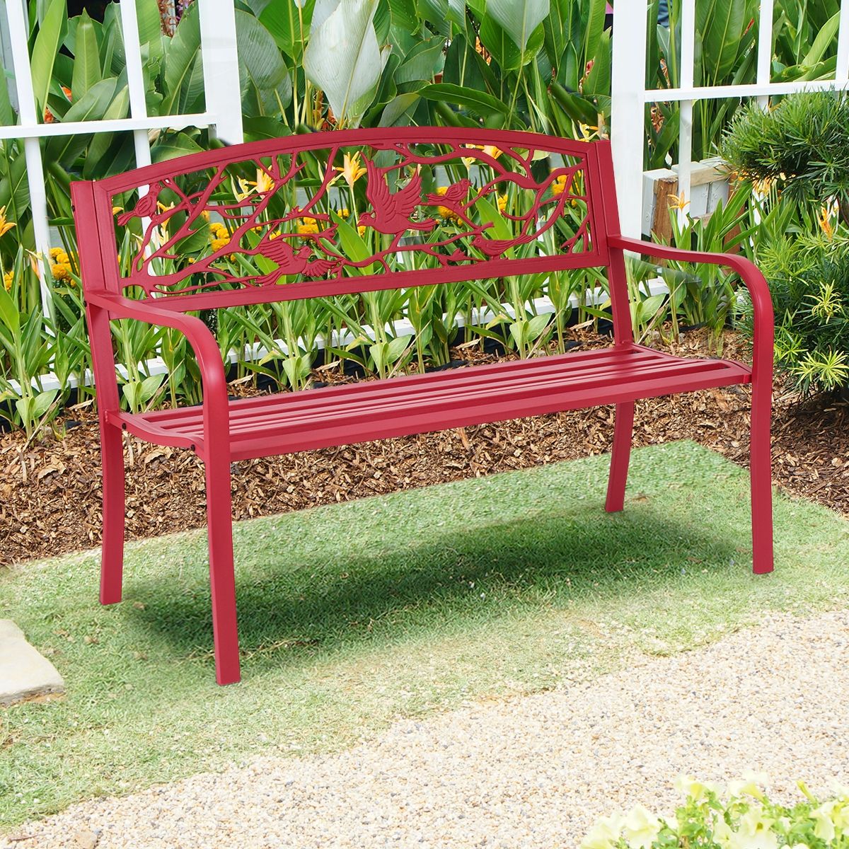High Quality Resistant Iron Garden Bench Contemporary Style 2-3 Seater Perfect for Outdoor 127x60x88cm Red -