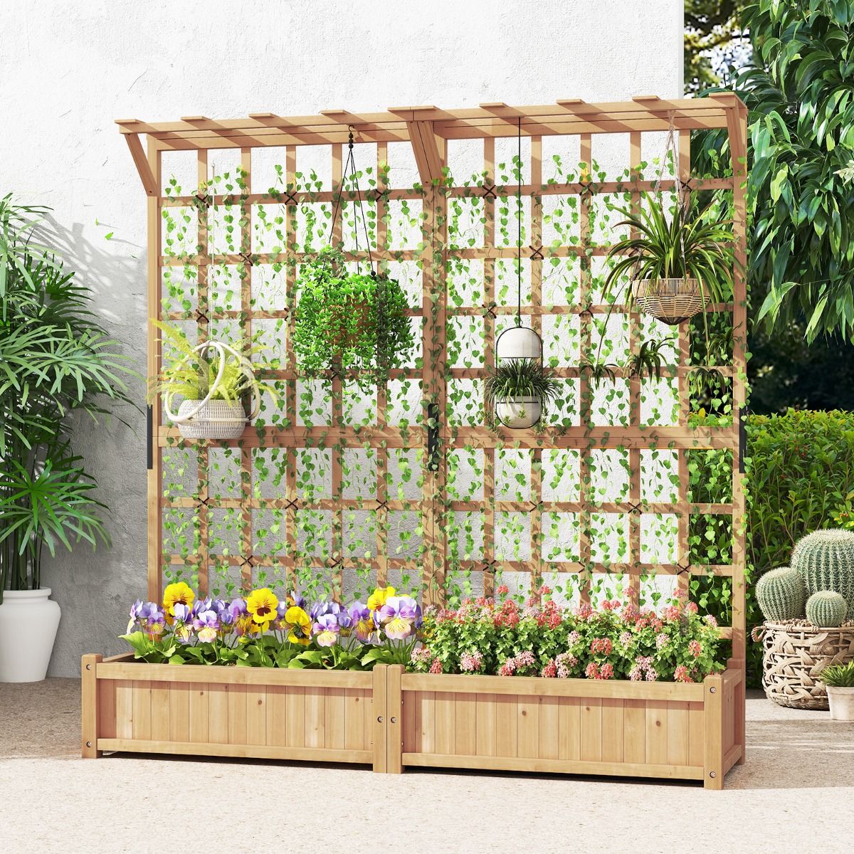 Planter with 2 Trellises 2 Containers Wooden Suspended Roof Raised Garden Bed with 4 Drainage Holes 180 x 48 x 183 cm Orange -