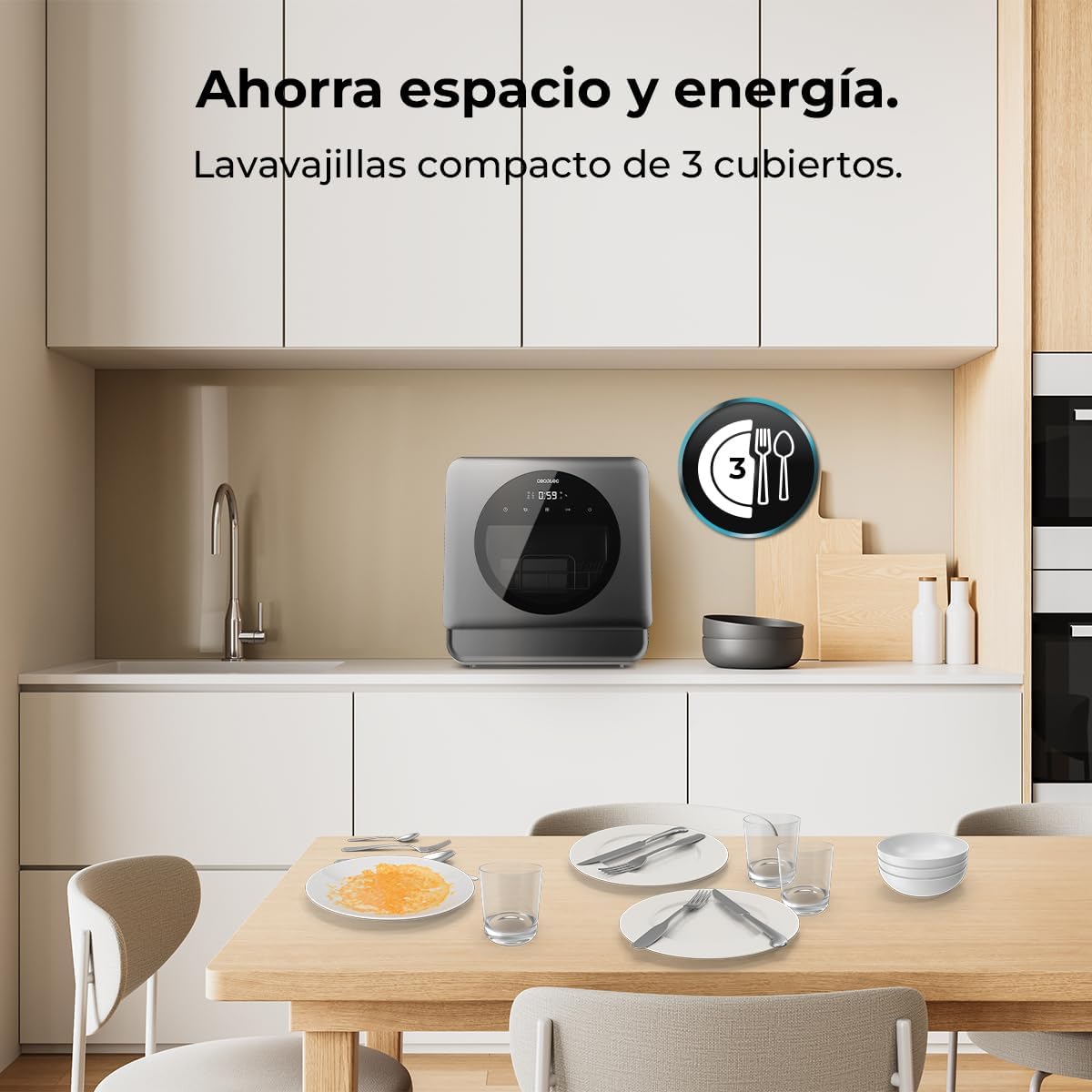 Cecotec Dishwasher Compact Free Installation on Table Bolero Aguazero 1150 Dark. 3 Place Settings, Low Consumption, 6 Programs, Touch Control Panel, Long Storage and Delay Start Functions