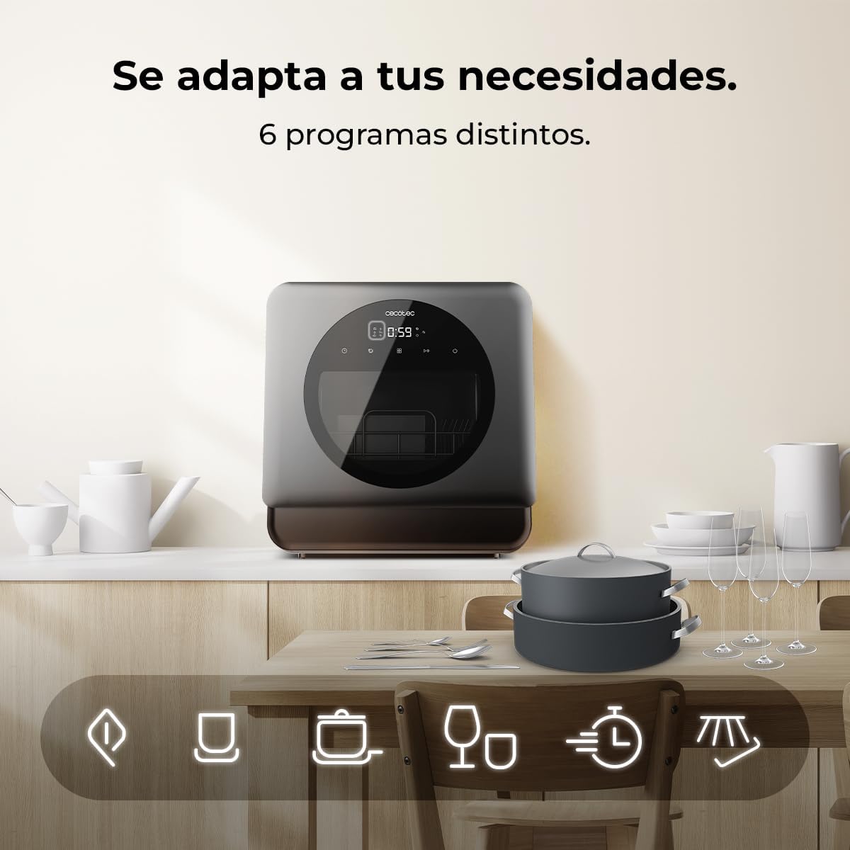 Cecotec Dishwasher Compact Free Installation on Table Bolero Aguazero 1150 Dark. 3 Place Settings, Low Consumption, 6 Programs, Touch Control Panel, Long Storage and Delay Start Functions