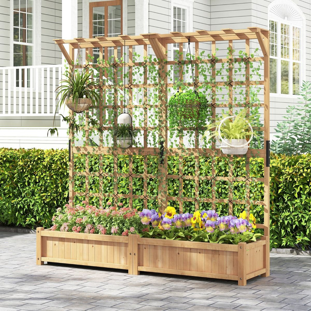 Planter with 2 Trellises 2 Containers Wooden Suspended Roof Raised Garden Bed with 4 Drainage Holes 180 x 48 x 183 cm Orange