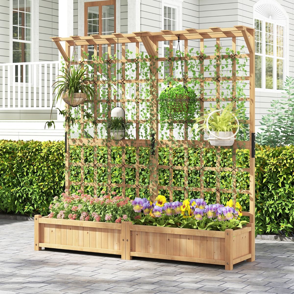 Planter with 2 Trellises 2 Containers Wooden Suspended Roof Raised Garden Bed with 4 Drainage Holes 180 x 48 x 183 cm Orange -