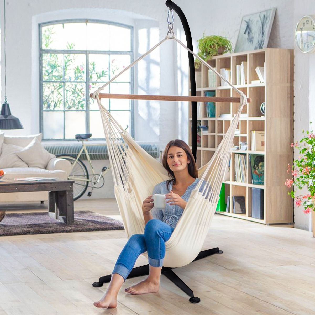Hammock stand or hanging chair capacity 150 kg, made of high quality iron, modern and stable, 112x79x205, black -
