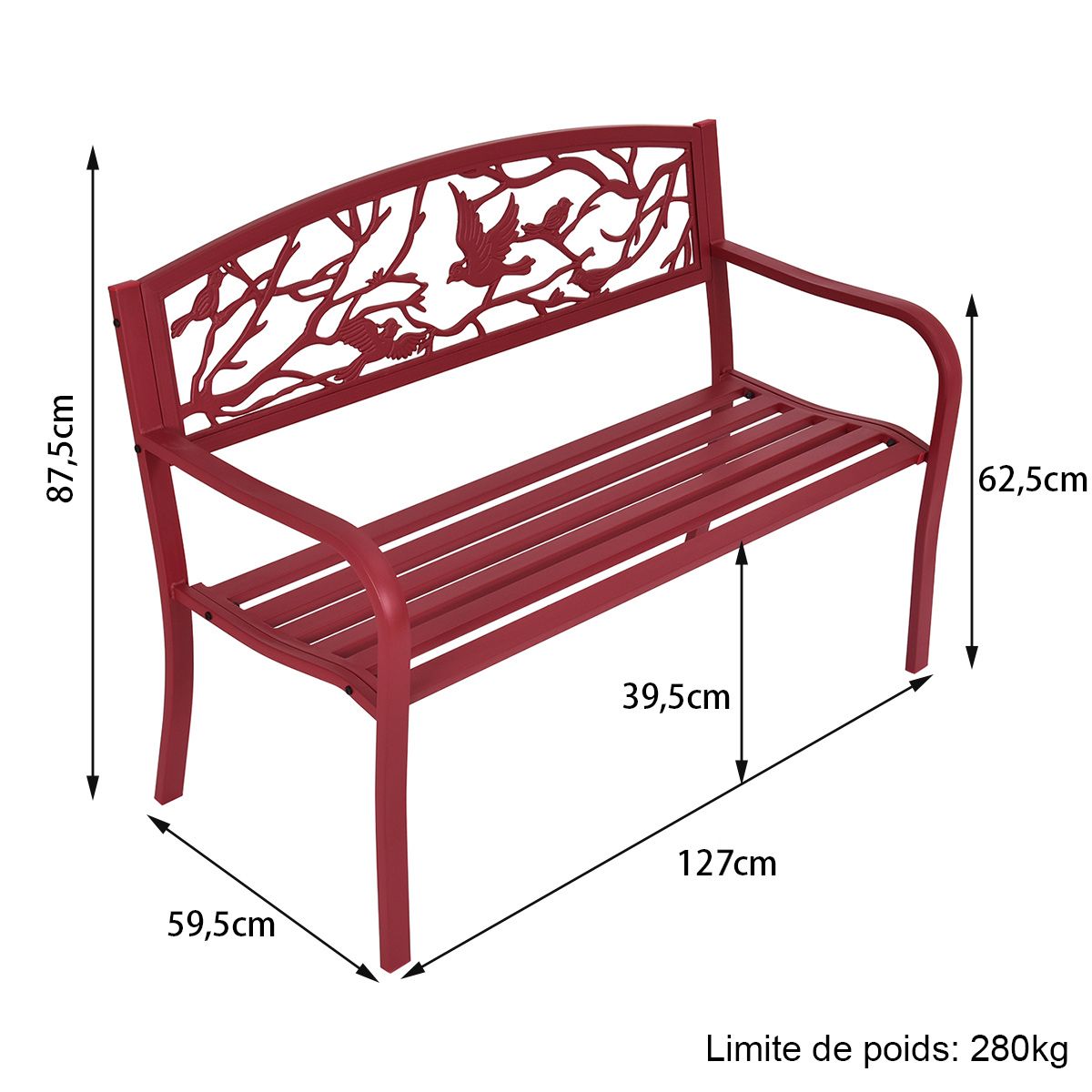 High Quality Resistant Iron Garden Bench Contemporary Style 2-3 Seater Perfect for Outdoor 127x60x88cm Red -