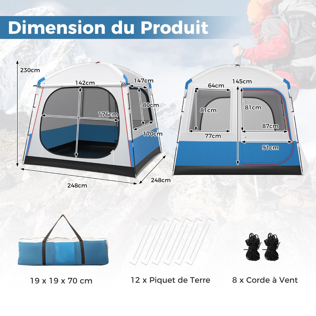5 Person Camping Tent Waterproof Dome Tent with Mesh Door and Windows Carry Bag 248x248x230cm Blue + White -