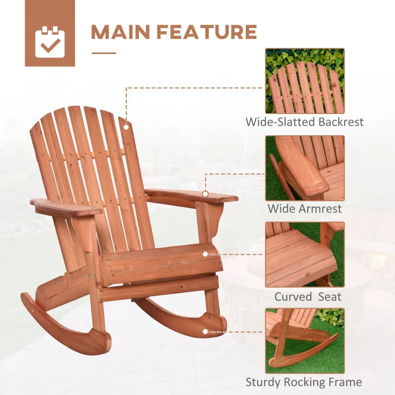 Adirondack Muskoka wooden rocking chair with wooden slat design, fan-shaped back and classic rustic style, teak -