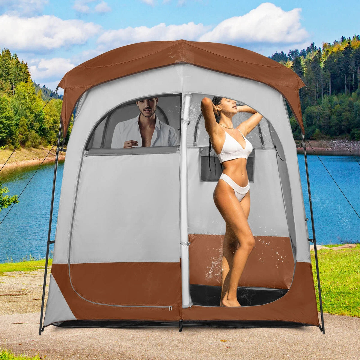 Favory Double - Room Shower Tent, Oversize Space Privacy Shelter for Camping with Floor, Portable Camping Changing Tent with Removable Rain Fly, Storage Bag for Dressing, Toilet, Brown