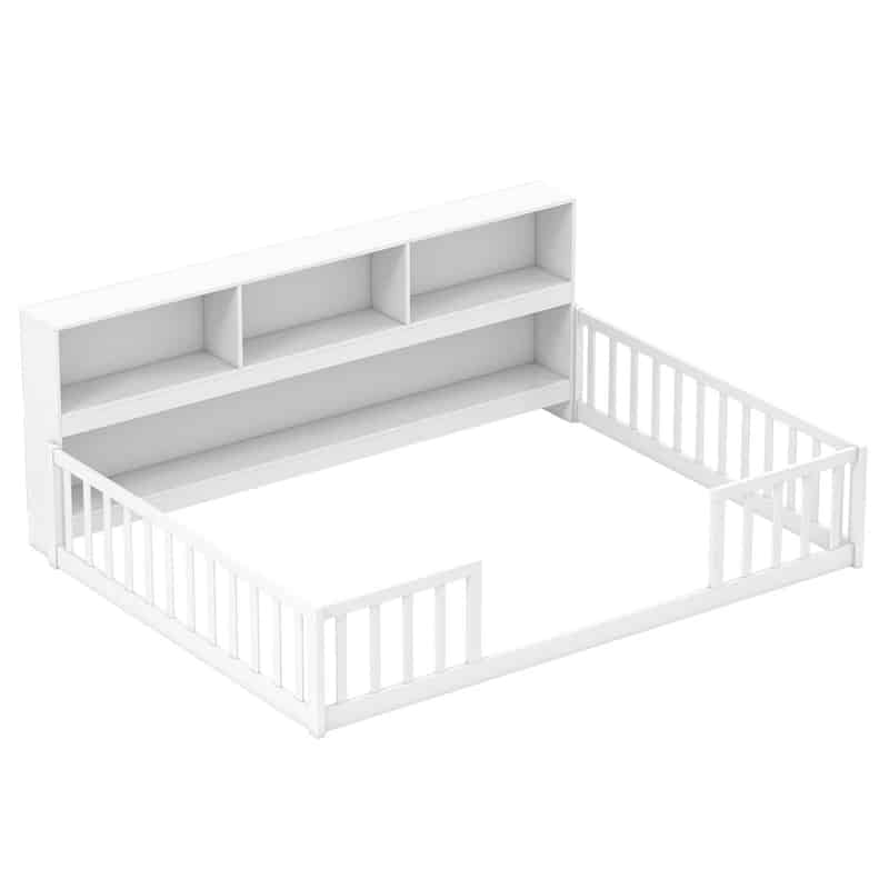 Full Size Montessori Floor Bed with Bookcase, Storage Shelves & Safety Fence Rails - Product image 13