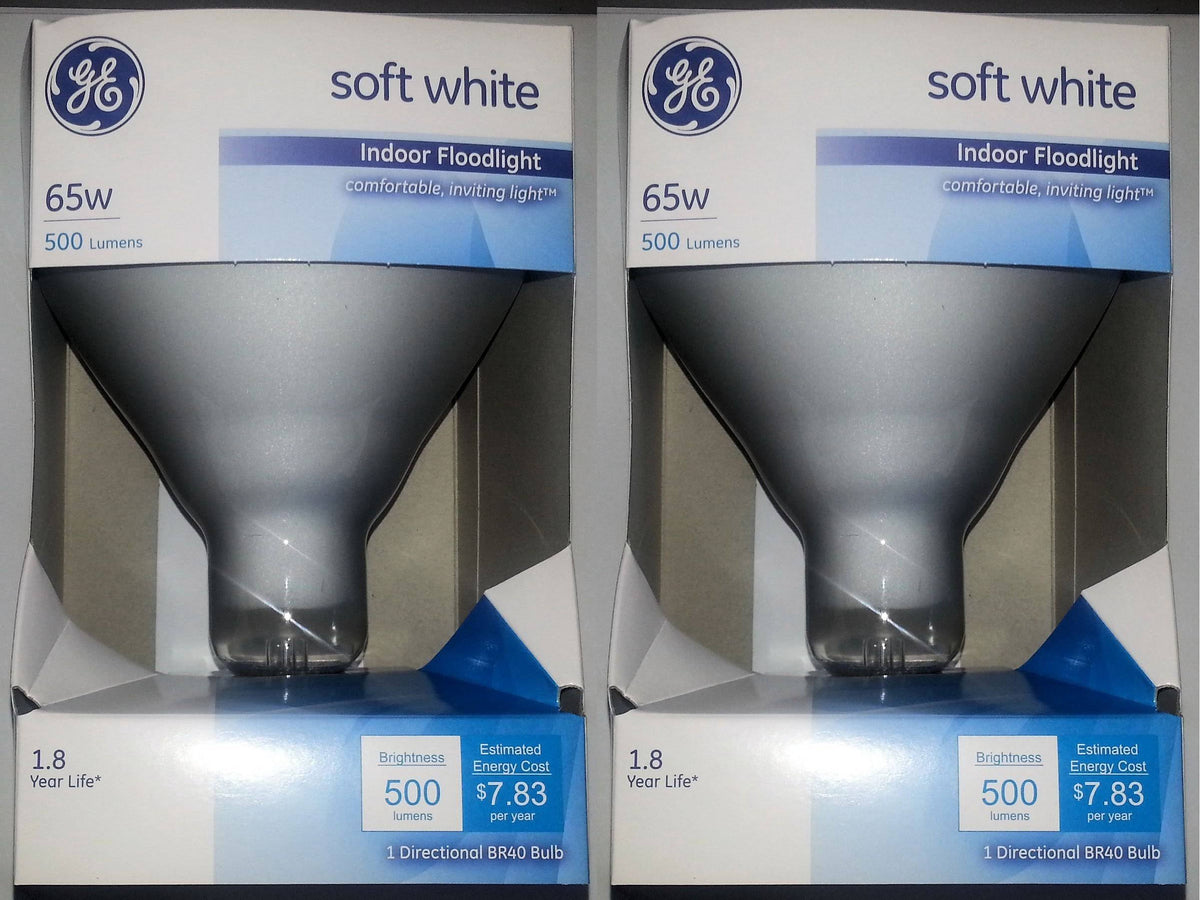 GE 65 Watt Soft White Floodlight BR40 Light Bulb, 2-Pack, Size: Medium - Product image 1