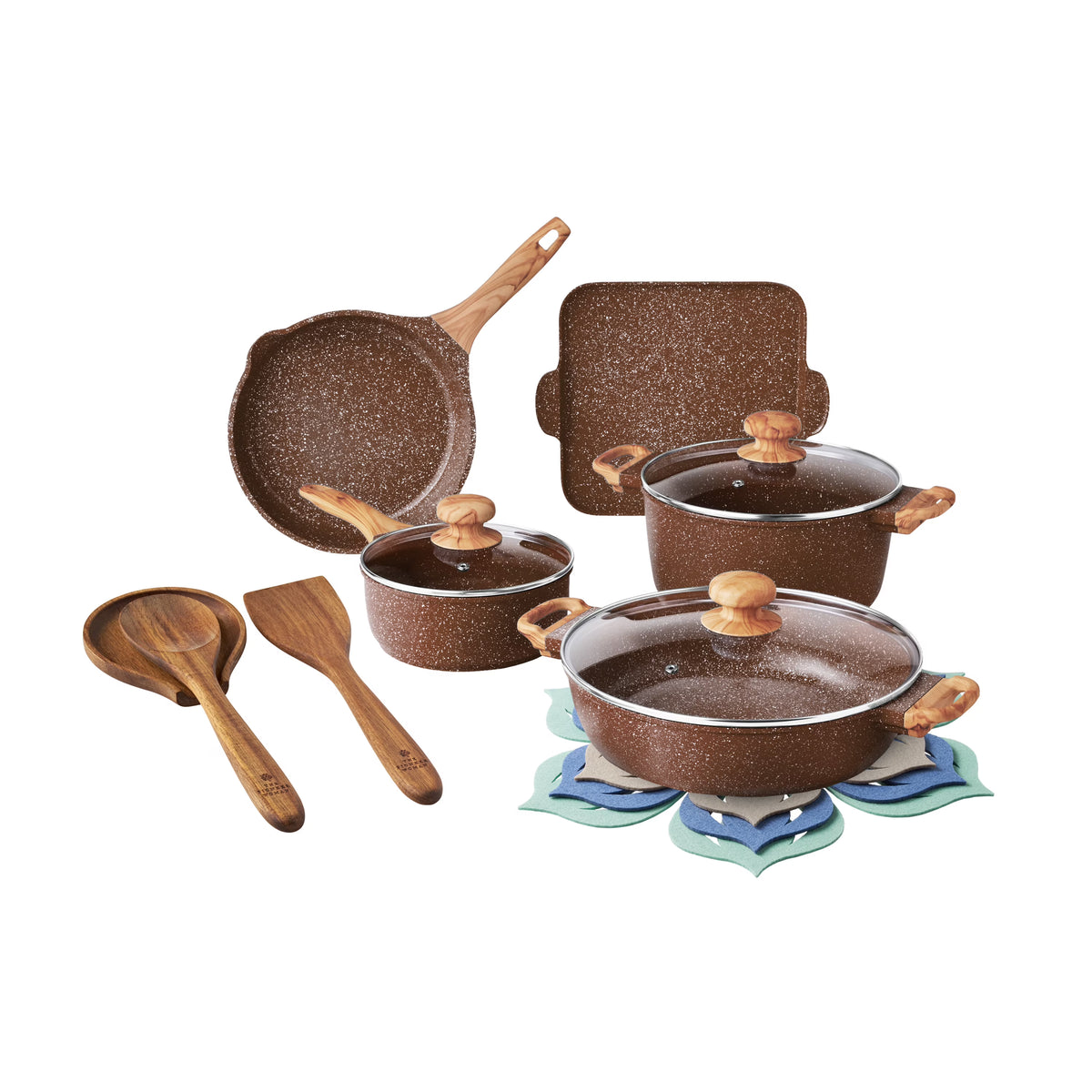 The Pioneer Woman Prairie Signature 14 - Piece Cast Aluminum Cookware Set, Brown Speckle - Product image 1